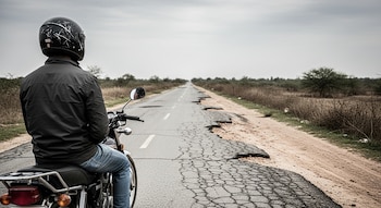 Un joven de espaldas con casco negro, campera oscura y jeans azules se sienta en una motocicleta detenida sobre una carretera deteriorada con vegetación seca a los lados.