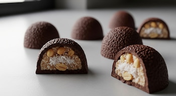 Imagen detallada de varios bombones de chocolate oscuro de forma semiesférica, algunos cortados mostrando su interior de coco rallado y maní, sobre fondo claro.