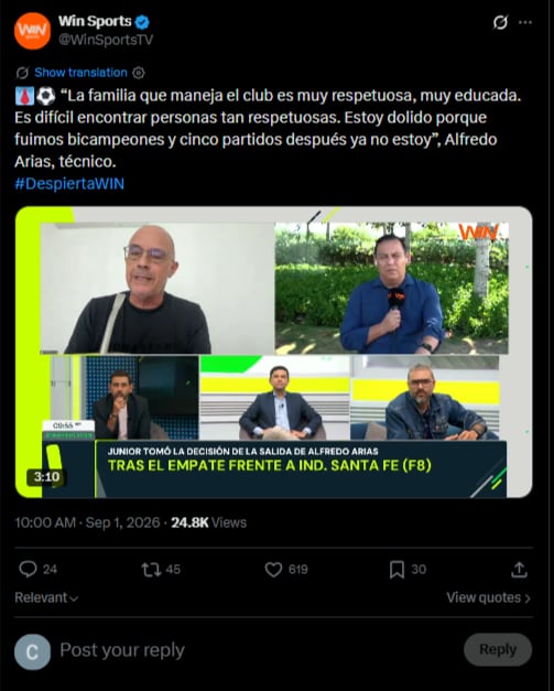 El ciclo de Alfredo Arias en Junior terminó cinco partidos después de haber sido bicampeón-crédito @WinSportsTV/X