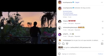 Un hombre de espaldas observa un vibrante atardecer con tonos naranjas y rosados, rodeado de exuberante vegetación tropical y árboles