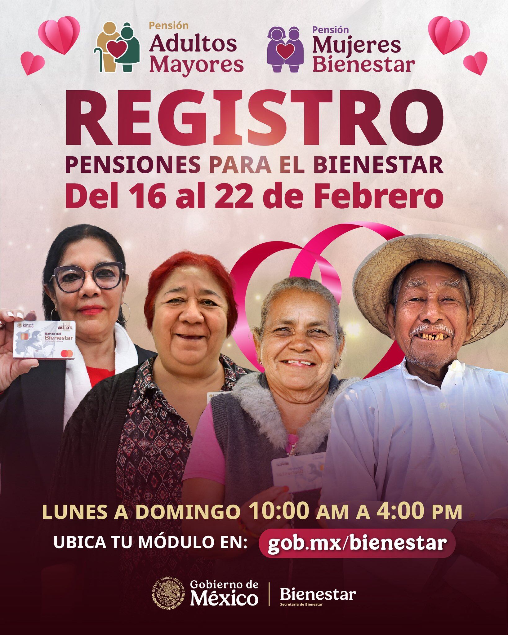 Mujeres de 60 a 64 años pueden acudir este fin de semana a los módulos de la Secretaría de Bienestar para registrarse a la Pensión Mujeres Bienestar 2026 y recibir el apoyo bimestral de 3 mil 100 pesos a través del Banco del Bienestar