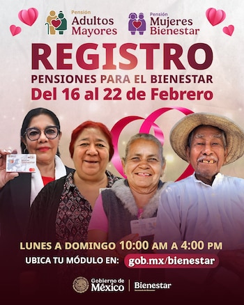 Mujeres de 60 a 64 años pueden acudir este fin de semana a los módulos de la Secretaría de Bienestar para registrarse a la Pensión Mujeres Bienestar 2026 y recibir el apoyo bimestral de 3 mil 100 pesos a través del Banco del Bienestar
