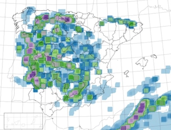 Chubascos registrados en en zonas del interior hasta el medio día de este domingo. (Aemet)