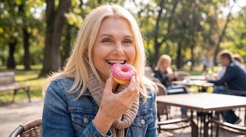Mujer rubia sonriente come rosquilla rosa con confites, viste chaqueta vaquera y bufanda, sentada en terraza exterior con mesas y árboles al fondo.