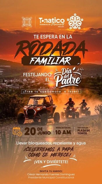 Póster promocional digital con UTV y dos cuatrimotos en un camino de tierra al atardecer, con un paisaje de pueblo al fondo y textos informativos