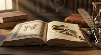 Un libro antiguo abierto sobre una mesa de madera, con una lupa, una pluma, un tintero, un reloj de arena y varios libros cerrados al fondo.