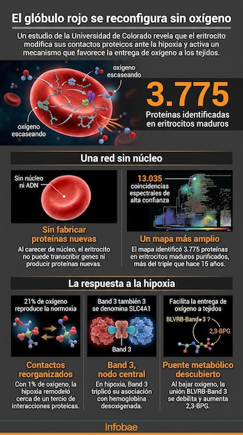 Infografía sobre el eritrocito con esquemas de glóbulos rojos, modelos moleculares, gráficos de datos y bloques de texto explicativos.