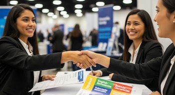 Primer plano de dos mujeres vestidas de traje, estrechando sus manos en una feria de empleo. Se observa un currículum y material bilingüe sobre la mesa.