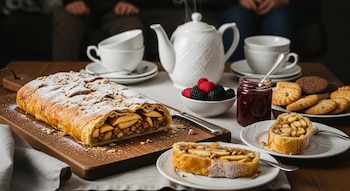 Strudel de manzana y frutos secos, dos porciones en platos, tetera, tazas de té, un cuenco de bayas, tarro de mermelada, galletas variadas, cuchillo.