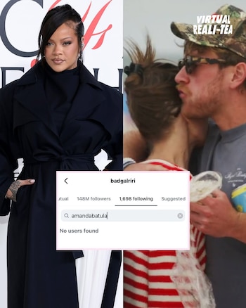 Rihanna en abrigo negro a la izquierda; a la derecha, un hombre besa a una mujer, con logo 'VIRTUAL REALI-TEA'. Una búsqueda de Instagram de Rihanna por 'amandabatula' se superpone