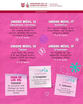 Infografía del Gobierno de CDMX en fondo rosa con detalles decorativos, listando cuatro unidades móviles y tres puntos fijos para mastografías, con direcciones y horarios
