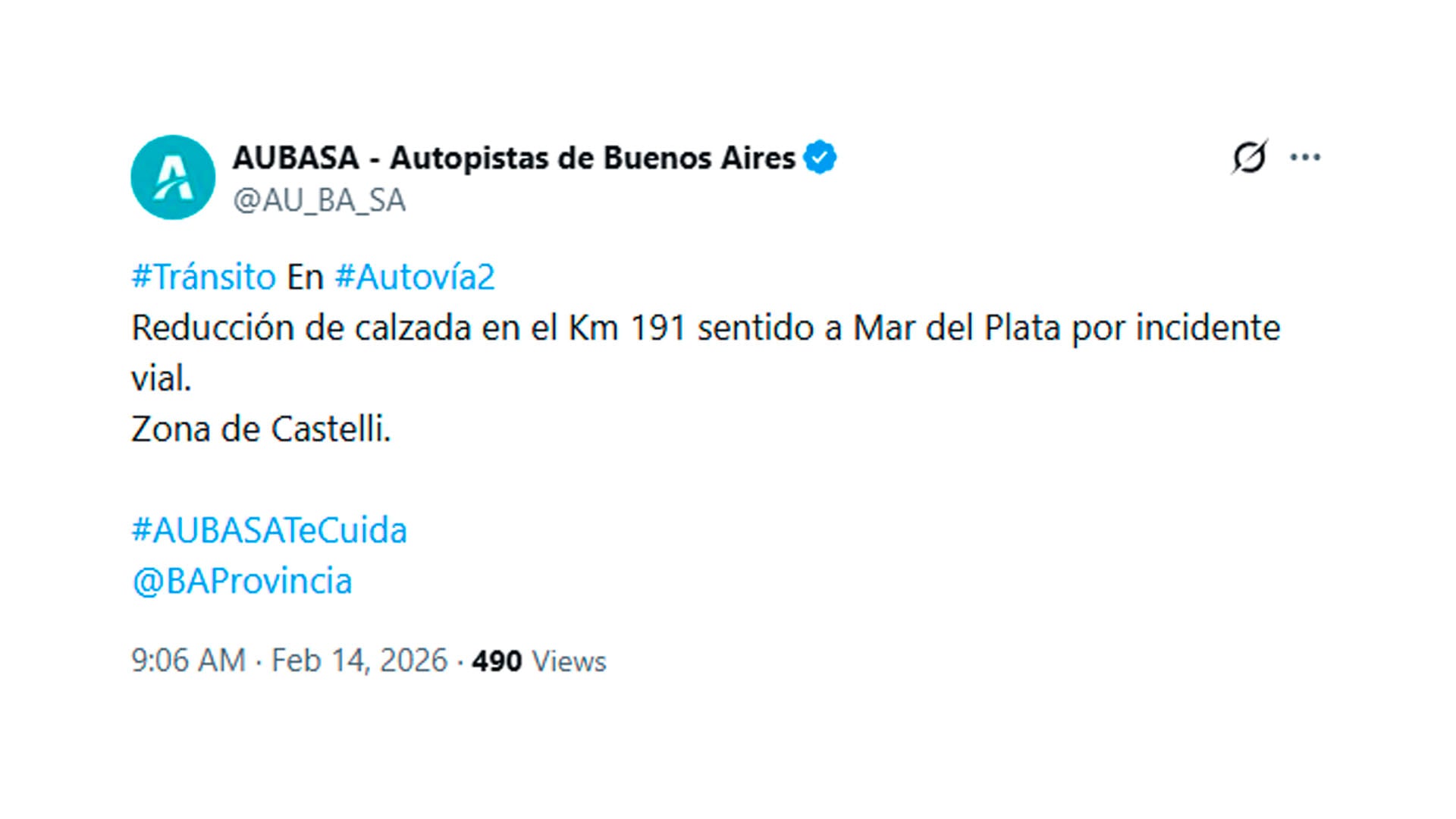 El mensaje de AUBASA en X que reporta el choque con reducción de calzada en el Km 191 de la Autovía 2, zona de Castelli (@AU_BA_SA)