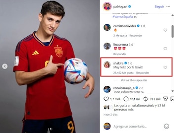 Shakira causó sensación al felicitar al volante del FC Barcelona por su convocatoria al Mundial con España - crédito @pablogavi/Instagram