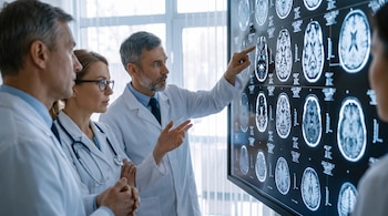 Tres médicos, dos hombres y una mujer, con batas blancas, observan y discuten múltiples imágenes de resonancia magnética cerebral en una pantalla grande.