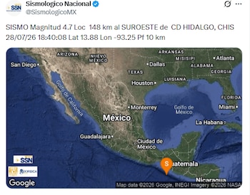 Sismo de magnitud 4.7 en Chiapas. (X/ @SismologicoMX)