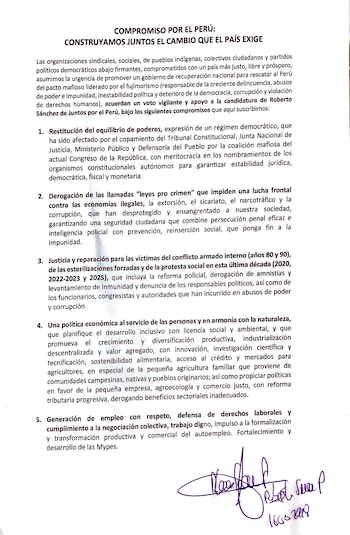 Compromiso suscrito por Roberto Sánchez