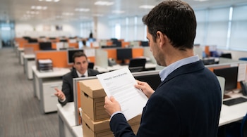 Un hombre de espaldas lee una carta de despido y finiquito en una oficina con cubículos, cajas de mudanza sobre el escritorio.