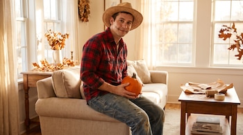 Un hombre con sombrero de paja, camisa a cuadros y maquillaje facial sostiene una calabaza junto a un sillón y una mesa de centro