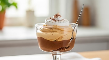 Copa de cristal con capas de mousse de chocolate y mantequilla de maní, cubierta con crema batida espolvoreada con cacao en polvo y una cuchara metálica.