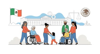 Ilustración de personas diversas cuidando ancianos en silla de ruedas y un niño. Fondo: edificio de gobierno, balanza, logo del Congreso de la Ciudad de México y bandera de México.