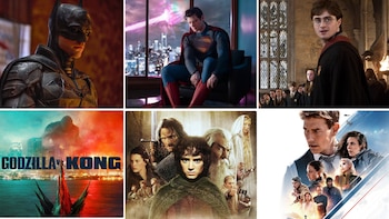 Collage de seis afiches promocionales de Batman, Superman, Harry Potter, Godzilla vs. Kong, El señor de los anillos y Misión Imposible