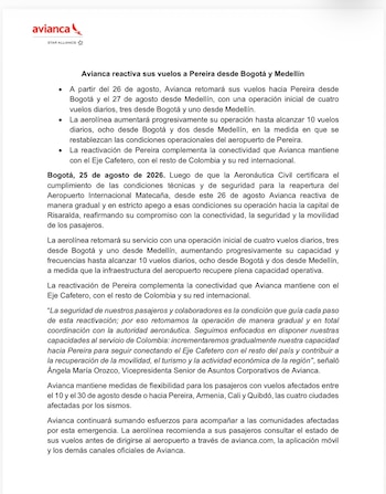 Avianca reanudará desde el 26 de agosto su operación en el Aeropuerto Internacional Matecaña de Pereira tras la certificación de la Aeronáutica Civil - crédito Avianca