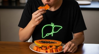 Primer plano de una persona comiendo un trozo de papaya, luciendo una camiseta negra con una silueta de hígado en verde neón; hay papaya cortada en un plato.