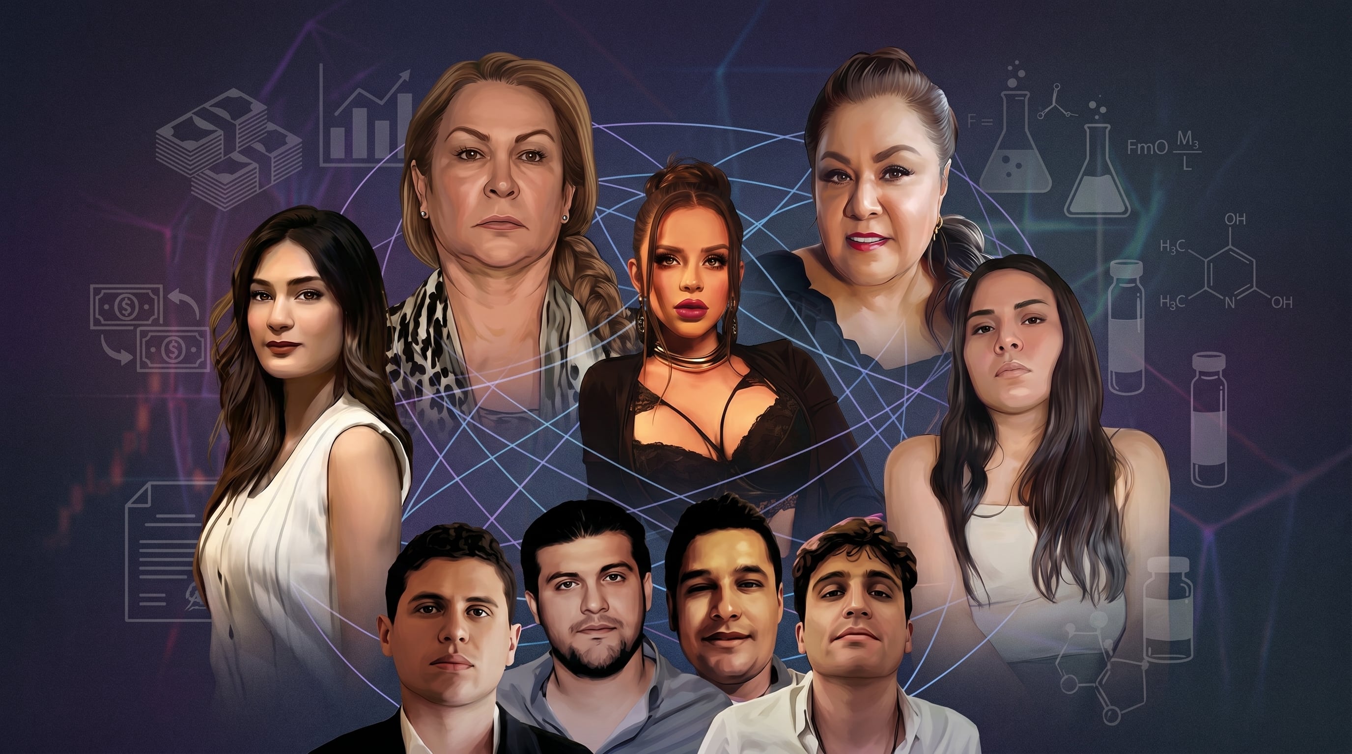 Collage editorial que ilustra el papel estratégico de mujeres empresarias, operadoras financieras y corredoras de precursores, junto a Los Chapitos, en la compleja red del Cártel de Sinaloa, tras recientes sanciones de la OFAC. (Imagen Ilustrativa Infobae)