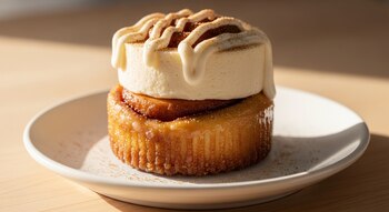 Un mini cheesecake rol de canela reposa sobre un plato blanco, mostrando su base dorada, capa superior cremosa y glaseado blanco con especias espolvoreadas.