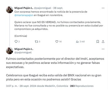 Con estos mensajes, Miguel Pajón, hermano y mánager de la deportista Mariana Pajón, desmintió a la alcaldesa de Ibagué, Johana Aranda - crédito
@pajonmiguel/X