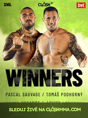 Póster promocional con dos luchadores de MMA, Pascal Sauvage y Tomáš Podhorný, sin camiseta y tatuados. Sauvage hace un gesto grosero, Podhorný sonríe. Fondo verde con texto