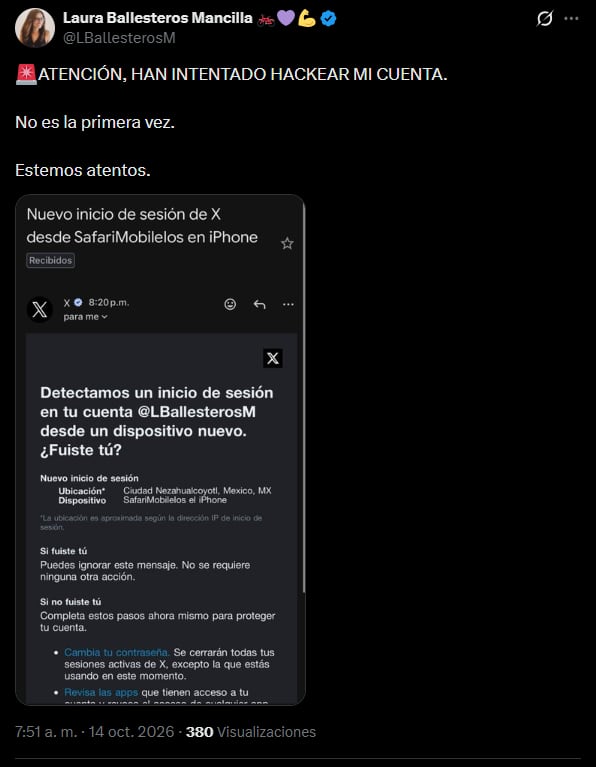 Laura Ballesteros denuncia intento de hackeo a su cuenta de X