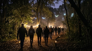 Personas caminan de espaldas por un sendero boscoso iluminado con faroles y guirnaldas, bajo proyecciones de murciélagos y búhos entre los árboles.