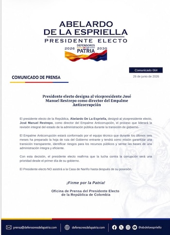 El comunicado oficial del equipo del presidente electo confirmó la designación de José Manuel Restrepo y precisó que Abelardo de la Espriella no acudirá a la Casa de Nariño antes de asumir la Presidencia - crédito Defenosres de la Patria