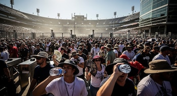 Multitud de personas con sombreros y abanicos ingresando a un estadio de fútbol bajo el sol brillante, algunas bebiendo agua.