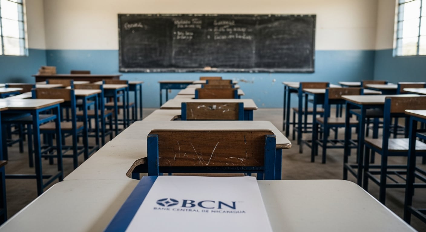 Un aula escolar nicaragüense con pupitres vacíos y una carpeta del Banco Central de Nicaragua en primer plano indica recortes docentes. (Imagen Ilustrativa Infobae)