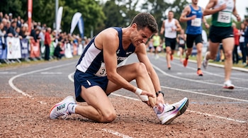 Un corredor arrodillado en una pista de atletismo sujeta su pie derecho con ambas manos mientras otros atletas corren al fondo.