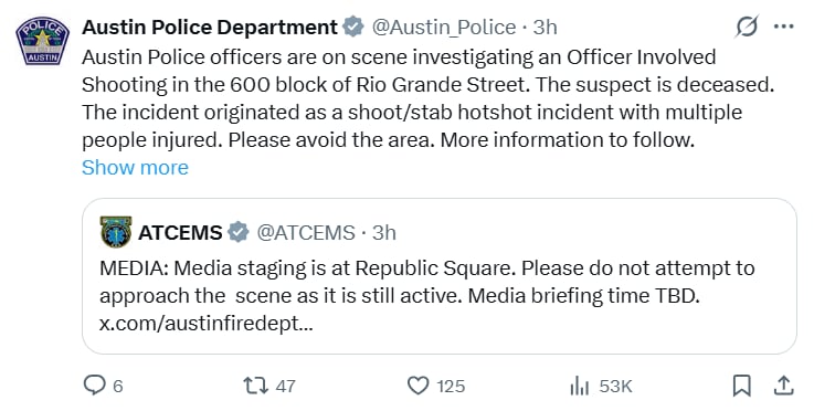 Captura de pantalla de tuits del Departamento de Policía de Austin y ATCEMS informando sobre un tiroteo en un bar que dejó tres muertos y catorce hospitalizados. (Austin Police Deparment)
