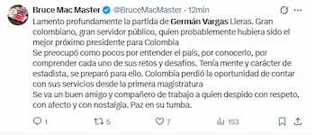 Bruce Mac Master sobre la muerte de Vargas Lleras | Crédito: X