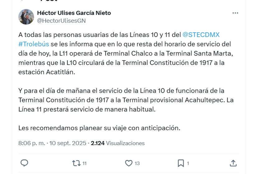 La Línea 10 del Trolebús suspendió operaciones en la terminal Santa Marta hasta nuevo aviso (X/ @HectorUlisesGN)