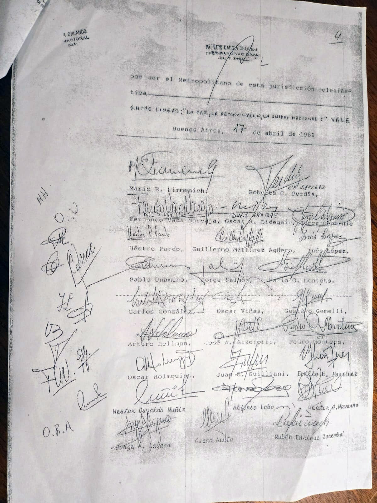 En la última página del documento, las firmas de los dirigentes montoneros, por entonces Peronismo Revolucionario (Ceferino Reato)
