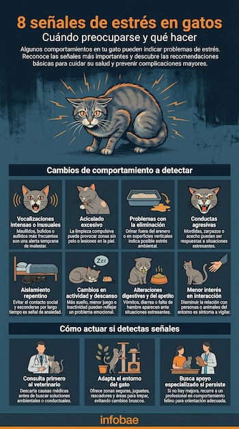 Infografía didáctica sobre el estrés felino. Muestra un gato asustado, ocho ilustraciones de señales de estrés y tres de recomendaciones para dueños.