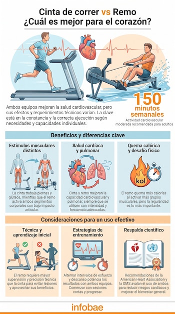 Ilustración de un hombre en cinta de correr y otro en máquina de remo. Incluye iconos de corazón, pulso, músculos, pulmones, calorías, técnica y un libro con sellos.