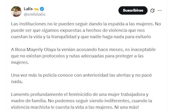 La congresista electa Laura Daniela Beltrán, conocida como Lalis, rechazó el feminicido de Rosa Mayerly Olaya y cuestionó a la institucionalidad por la falta de protección para las mujeres - crédito @smilelalis/X