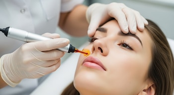 Primer plano de una mujer joven con el rostro limpio, recibiendo microneedling. Una mano enguantada aplica plasma con un dispositivo plateado sobre su piel.