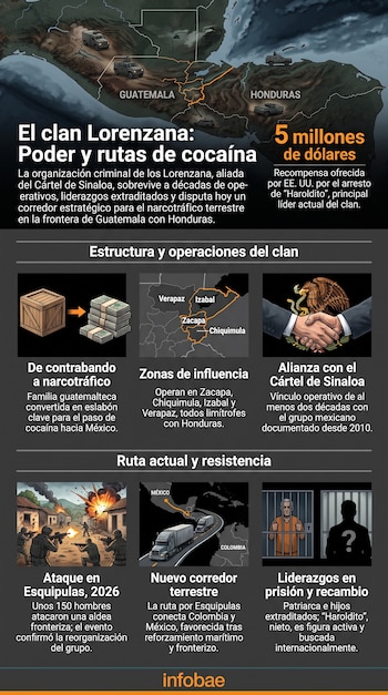 Infografía con mapa de Guatemala y Honduras, textos sobre el clan Lorenzana, ilustraciones de dinero, un mapa regional, un apretón de manos, soldados, camión y prisioneros.