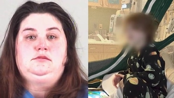 Imagen dividida. Izquierda: mujer de cabello oscuro con expresión seria. Derecha: niño borroso en pijama espacial en una cama de hospital con equipo médico