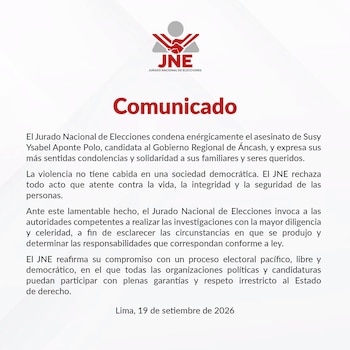 Un comunicado oficial del Jurado Nacional de Elecciones con su logotipo en la parte superior y cuatro párrafos de texto sobre fondo blanco