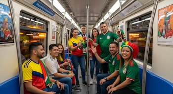Nueve personas sonriendo dentro de un vagón del Metro de CDMX. Visten playeras de fútbol de Colombia y México; una mujer usa un tocado sudafricano.