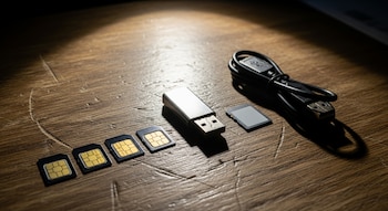 Cuatro chips para teléfono celular, un pendrive, una tarjeta de memoria y un cable USB se ven sobre una mesa de madera con luz cenital.